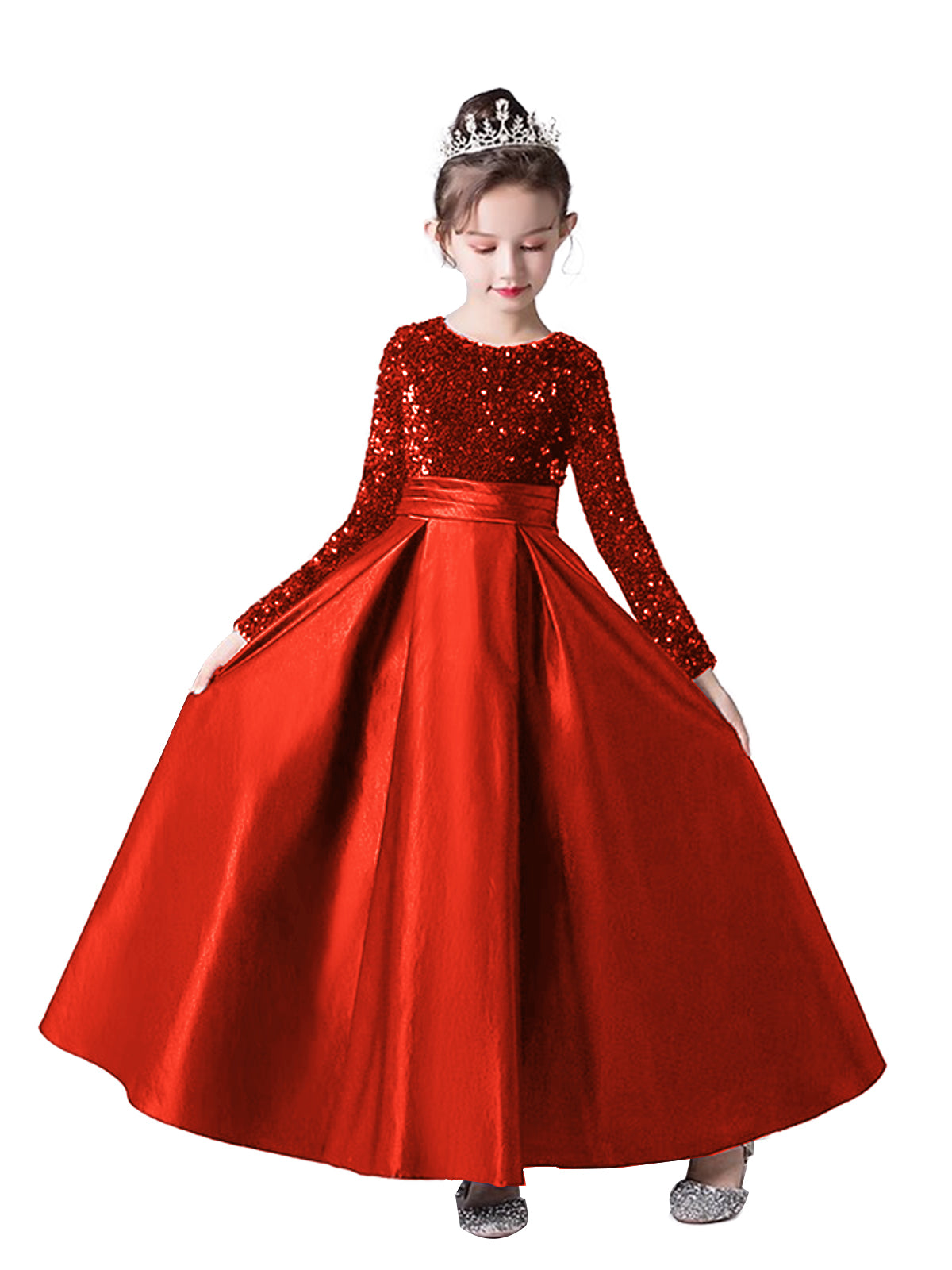 Crew Neck Long Sleeves Sequins Dresses Shining Flower Girls Dress Sparkling Piano Recital Dresses Elegant Satin Party Gown