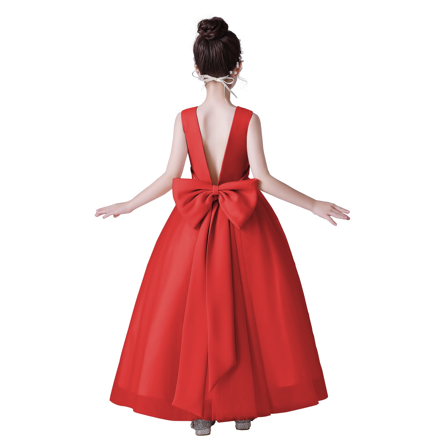 Dideyttawl Big Bow V-Back Satin Tulle Flower Girl Dress with Pearls Puffy Princess Ball Gown