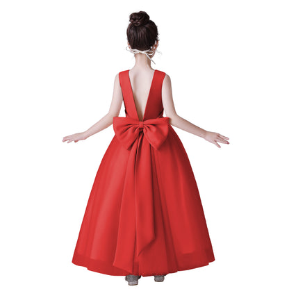 Dideyttawl Big Bow V-Back Satin Tulle Flower Girl Dress with Pearls Puffy Princess Ball Gown