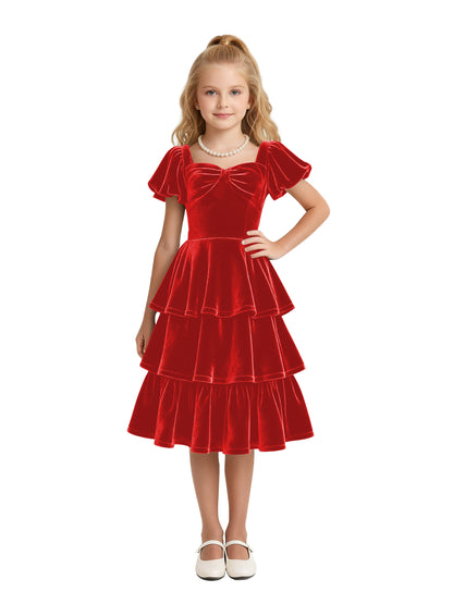 dideyttawl Girls Pleated Velvet Knee Length Junior Bridesmaid Dress with Short Lantern Sleeves 2543