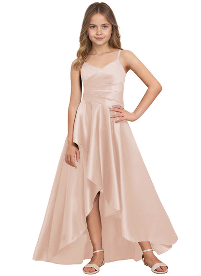 dideyttawl High Low Junior Bridesmaid Dress V-Neck Silk Satin Flower Girl Dress Sleeveless Formal Special Occasion Dress for Wedding 2523