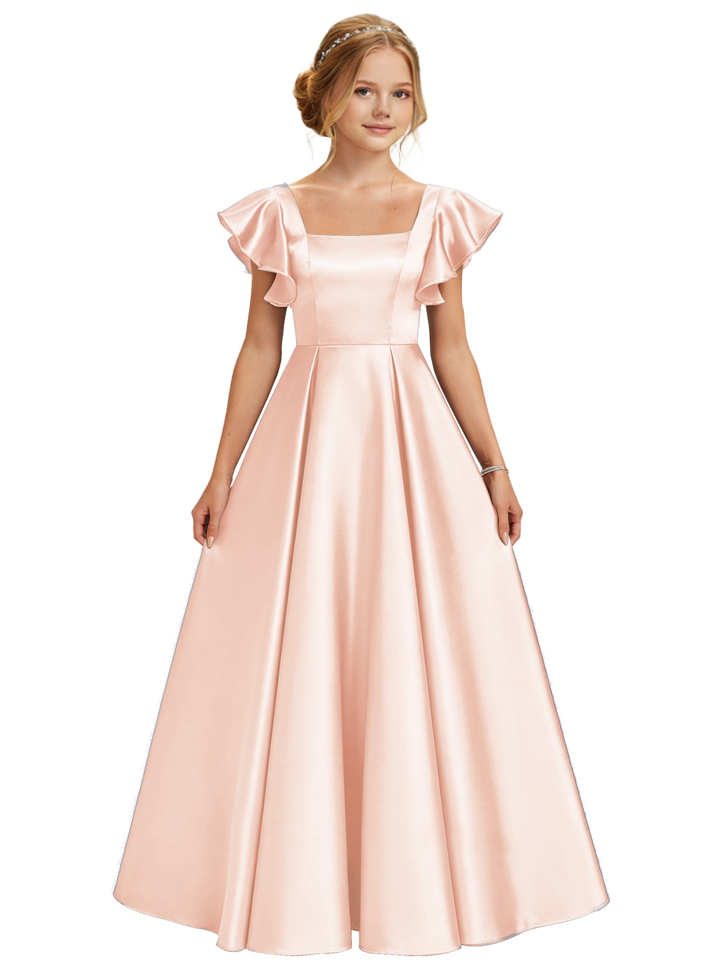 dideyttawl 2026 Girls Satin Prom Ball Gown Princess Dress Maxi Ruffle Sleeve Junior Bridesmaid Flower Girl Dresses 2546