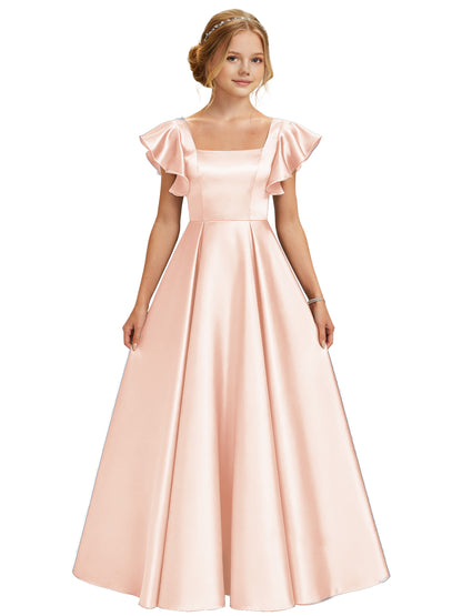 dideyttawl 2026 Girls Satin Prom Ball Gown Princess Dress Maxi Ruffle Sleeve Junior Bridesmaid Flower Girl Dresses 2546
