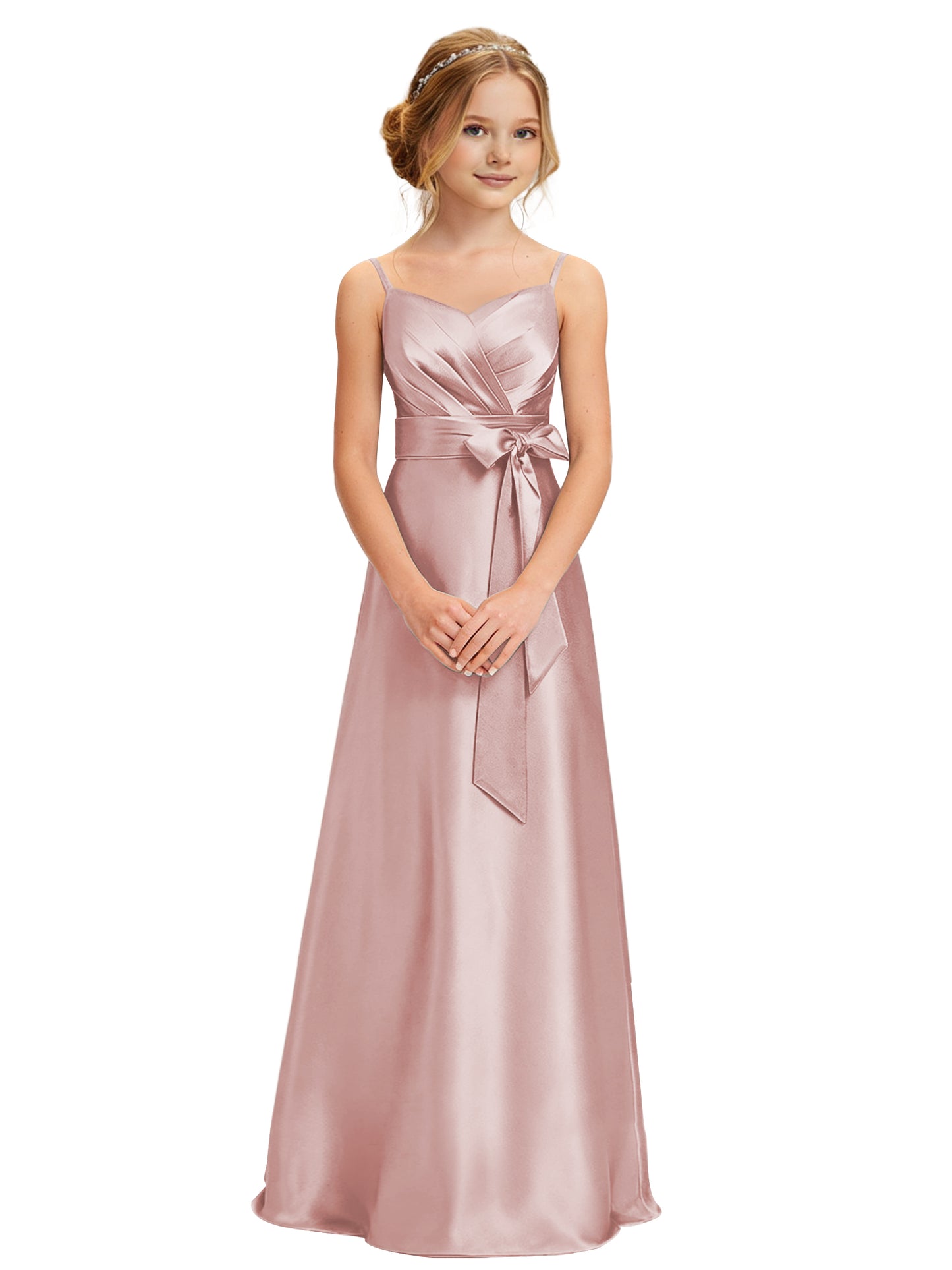 dideyttawl 2026 Girls Pleated Satin Prom Dress Bow Belt Ball Gown Maxi Spaghetti Straps Junior Bridesmaid Dress 2547