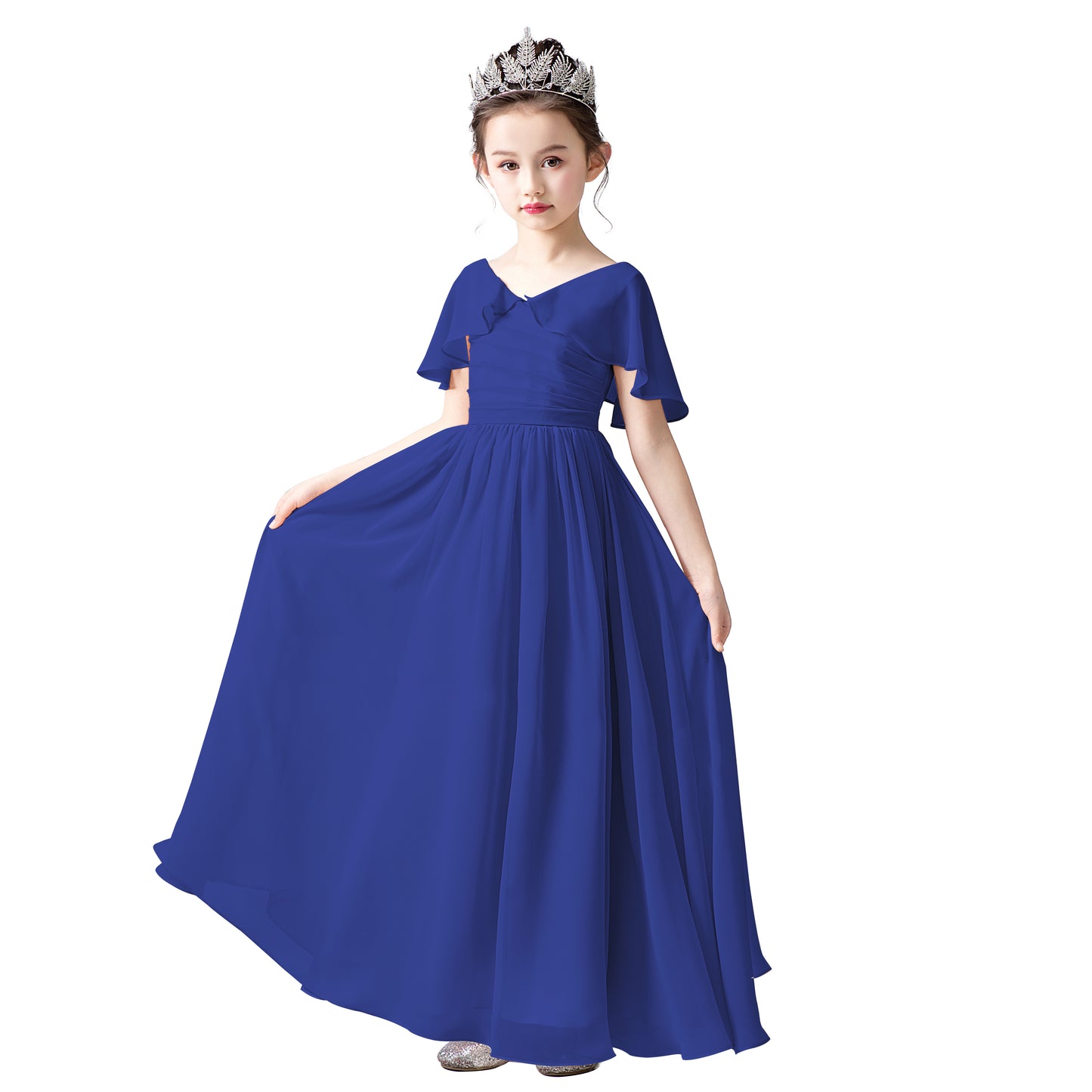 Chiffon Flower Girls Dress Cap Sleeves Junior Bridesmaid Dress for Girls 4-16 Special Occasion Dress for Wedding