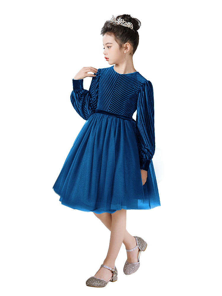 Dideyttawl Spring Girls Short Velvet Girls Formal Dress Elegant Formal Dress Lantern Long Sleeves Girls Birthday Party Dress