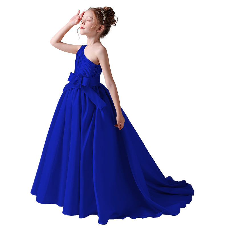 Dideyttawl Flower Girls Pageant Dresses One Shoulder Sleeveless Formal Satin Dress for Wedding Guest Princess Ball Gown Flower Belt Dress