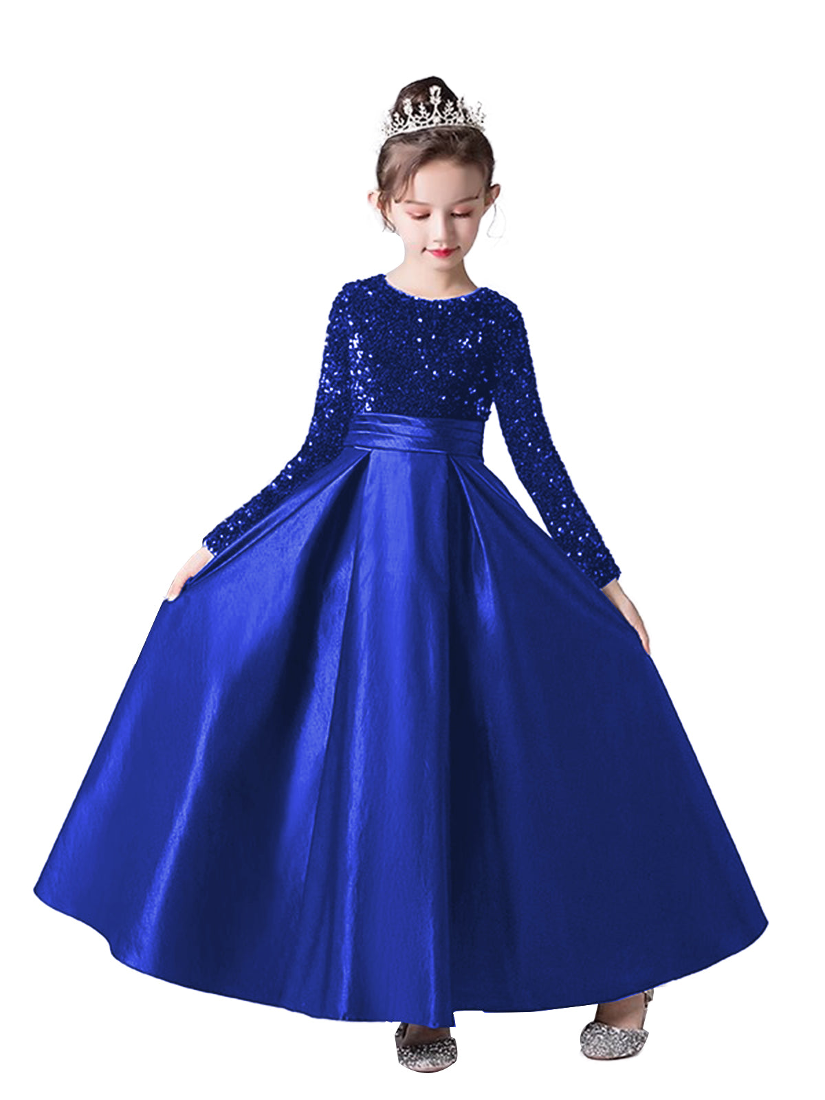 Crew Neck Long Sleeves Sequins Dresses Shining Flower Girls Dress Sparkling Piano Recital Dresses Elegant Satin Party Gown
