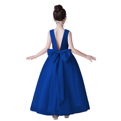 Dideyttawl Big Bow V-Back Satin Tulle Flower Girl Dress with Pearls Puffy Princess Ball Gown