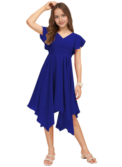 Chiffon Short Junior Bridesmaid Dresses Knee Length Flutter Sleeves Flower Girl Dresses for 4-16 2505