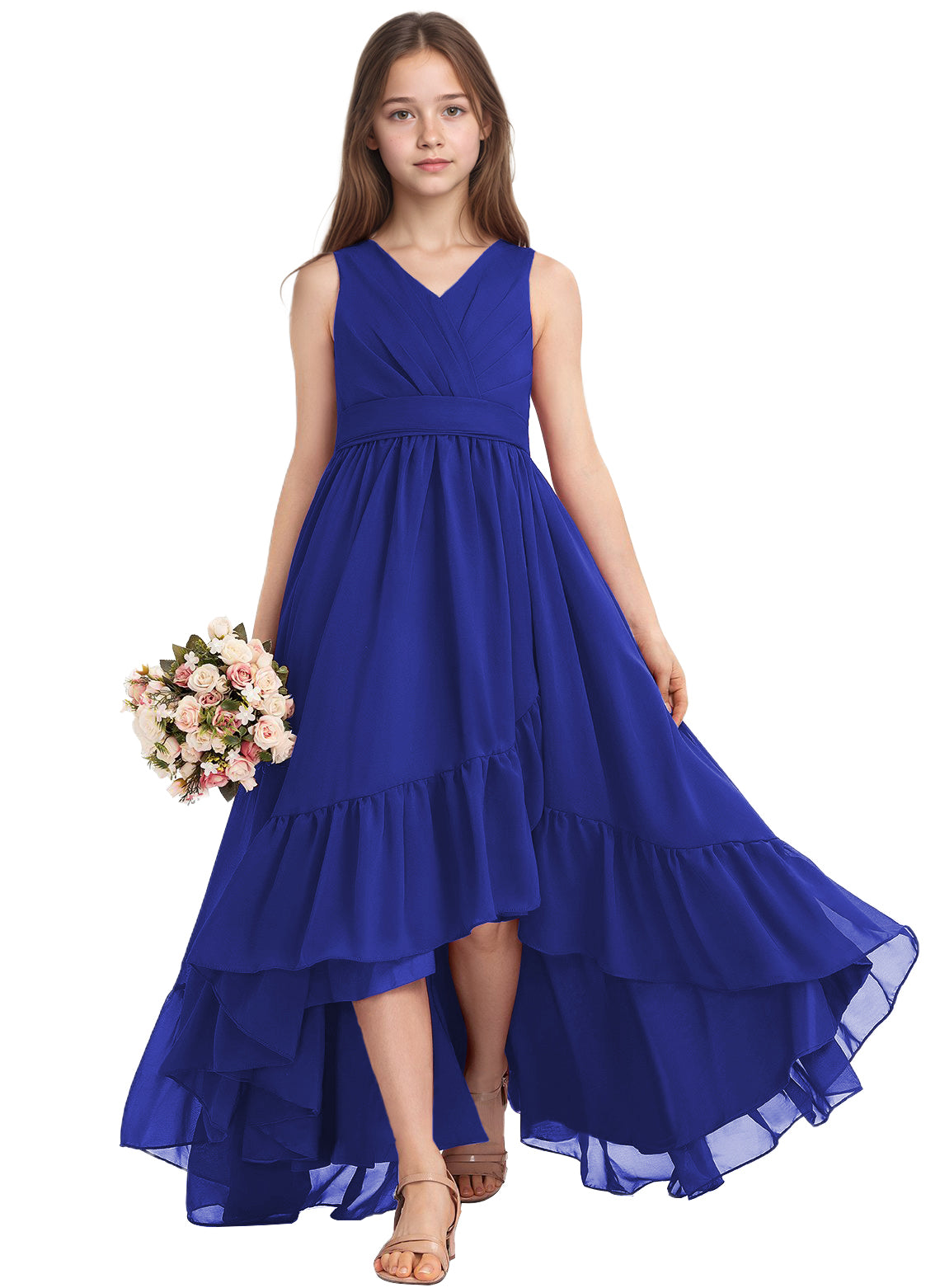 dideyttawl A-Line High Low Flower Girls Dress Long V-Neck Junior Bridesmaid Dresses for Teens Pleated Chiffon 2511