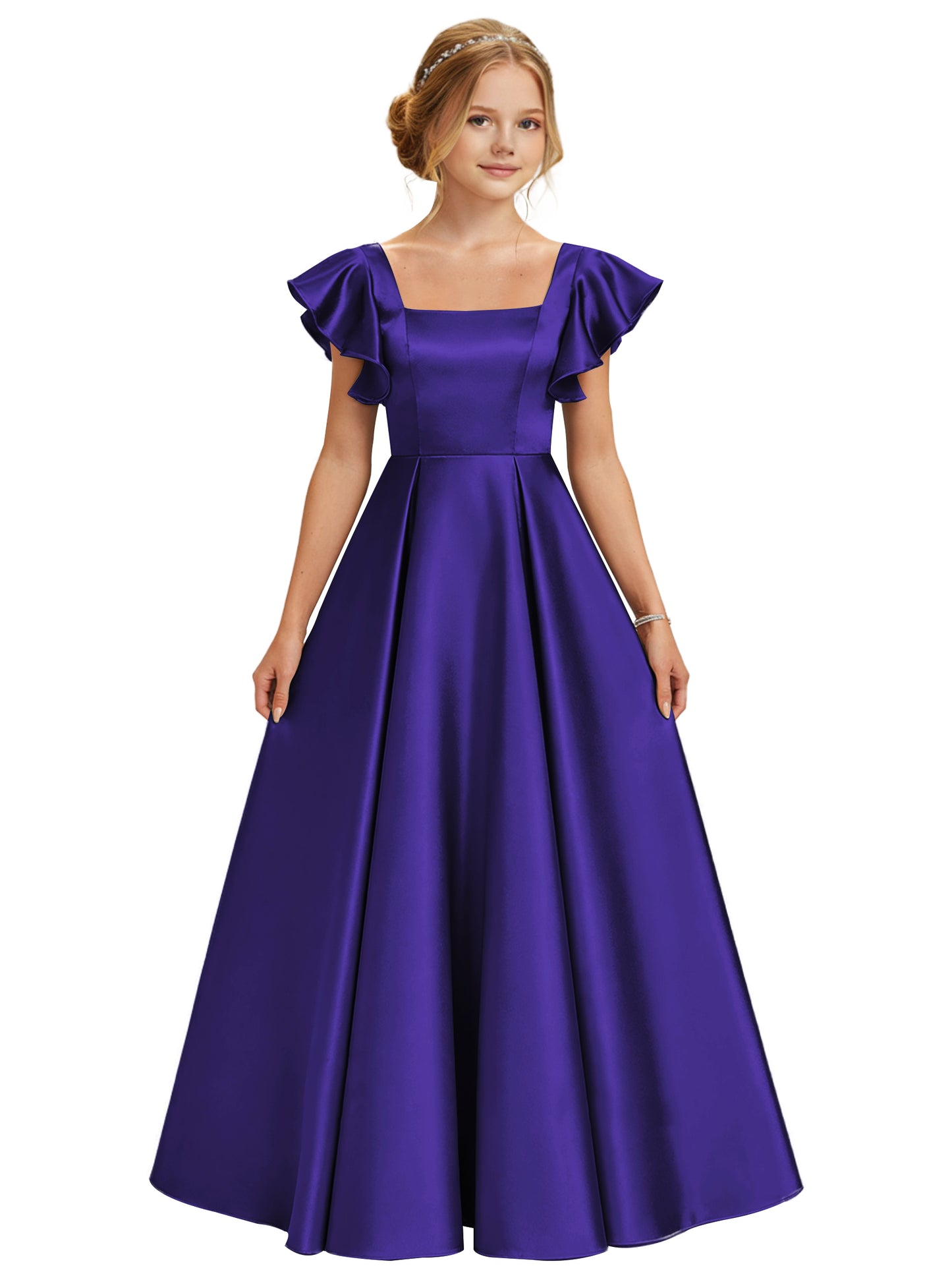 dideyttawl 2026 Girls Satin Prom Ball Gown Princess Dress Maxi Ruffle Sleeve Junior Bridesmaid Flower Girl Dresses 2546