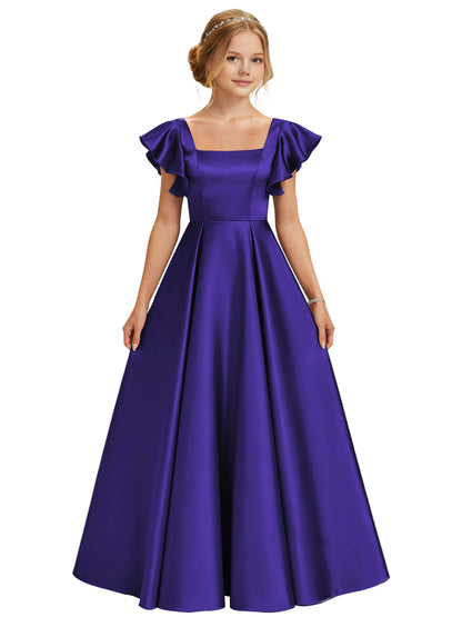 dideyttawl 2026 Girls Satin Prom Ball Gown Princess Dress Maxi Ruffle Sleeve Junior Bridesmaid Flower Girl Dresses 2546