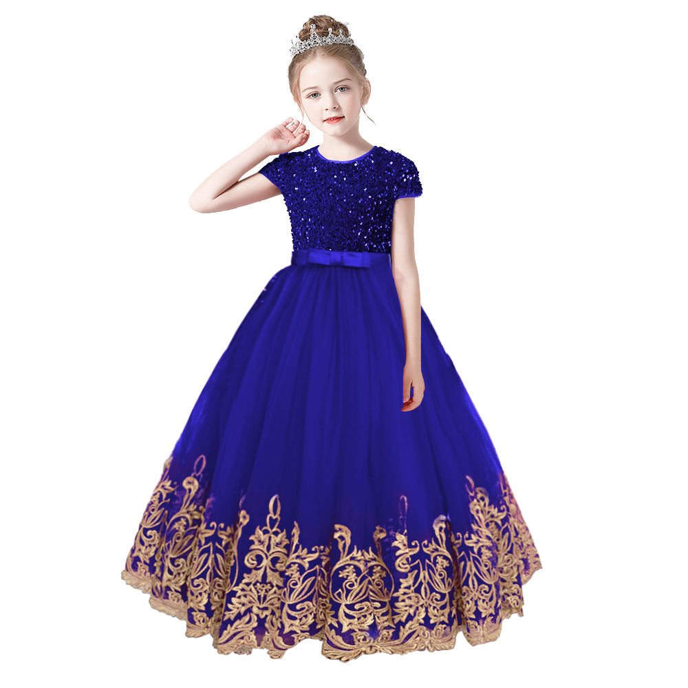 Flower Girls Dress Gold Embroidery Appliqued Puff Tulle Short Sleeves Sequins Party Dress, Royal Blue / 8 Flower Girls Dress Gold Embroidery Appliqued Puff Tulle Short Sleeves Sequins Party Dress, Royal Blue / 8