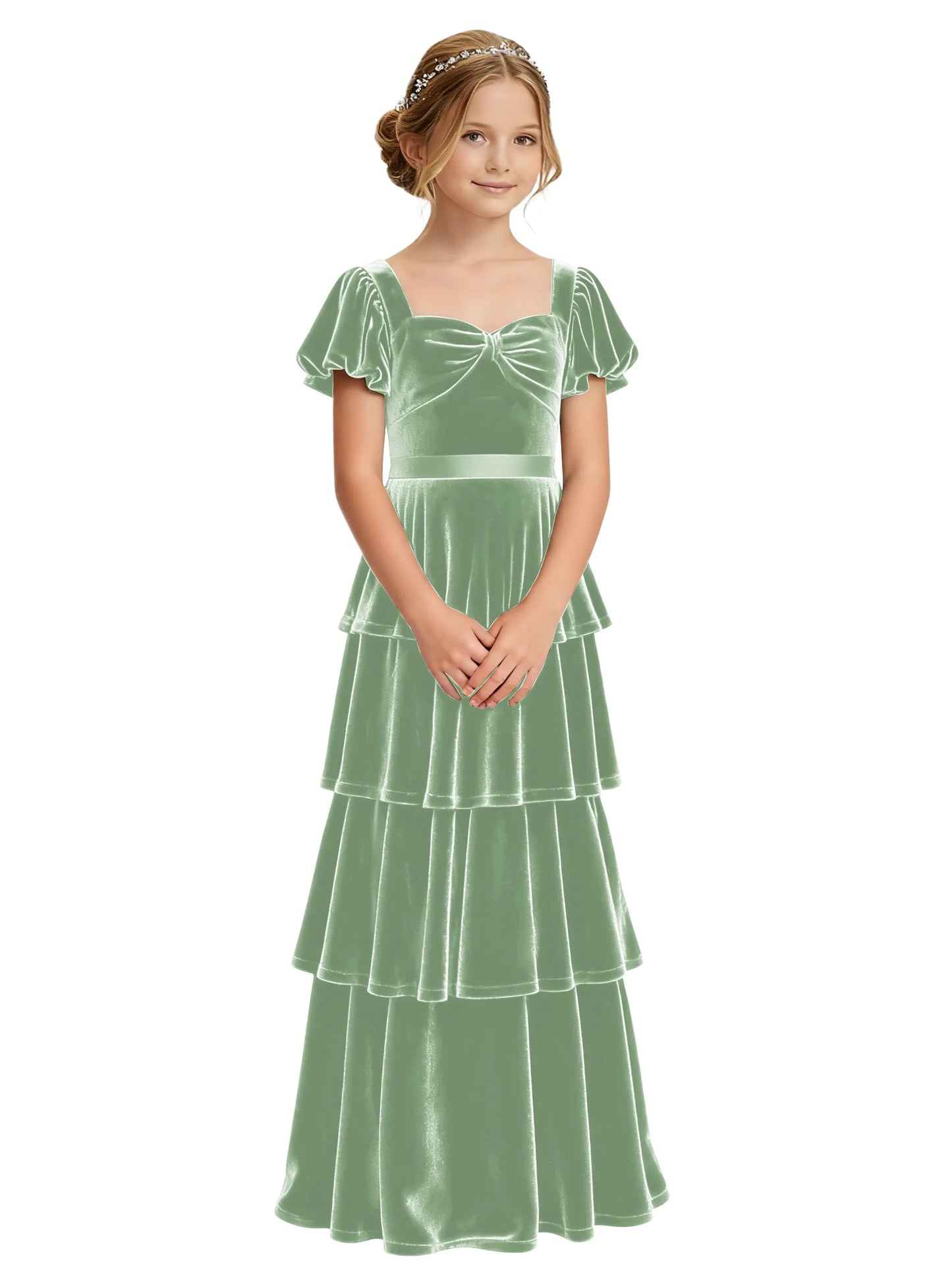 Dideyttawl Burgundy Velvet Junior Bridesmaid Dress Puff Sleeve Tiered Ruffle Formal Dress