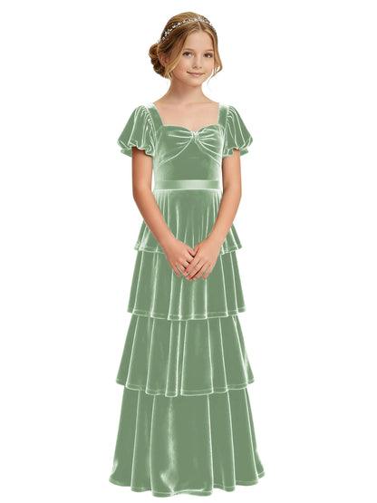 Dideyttawl Burgundy Velvet Junior Bridesmaid Dress Puff Sleeve Tiered Ruffle Formal Dress
