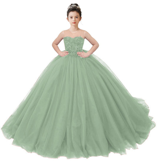 Dideyttawl 2026 Spring Embroidery Lace Appliqued Tulle Flower Girls Dress Wedding Guest Dress Puffy Princess Dress Strapless Full Length Pageant Dress