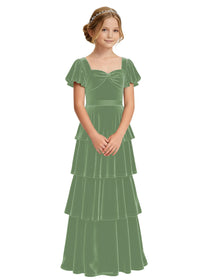 Dideyttawl Burgundy Velvet Girls Formal Dress Puff Sleeve Tiered Ruffle Formal Dress