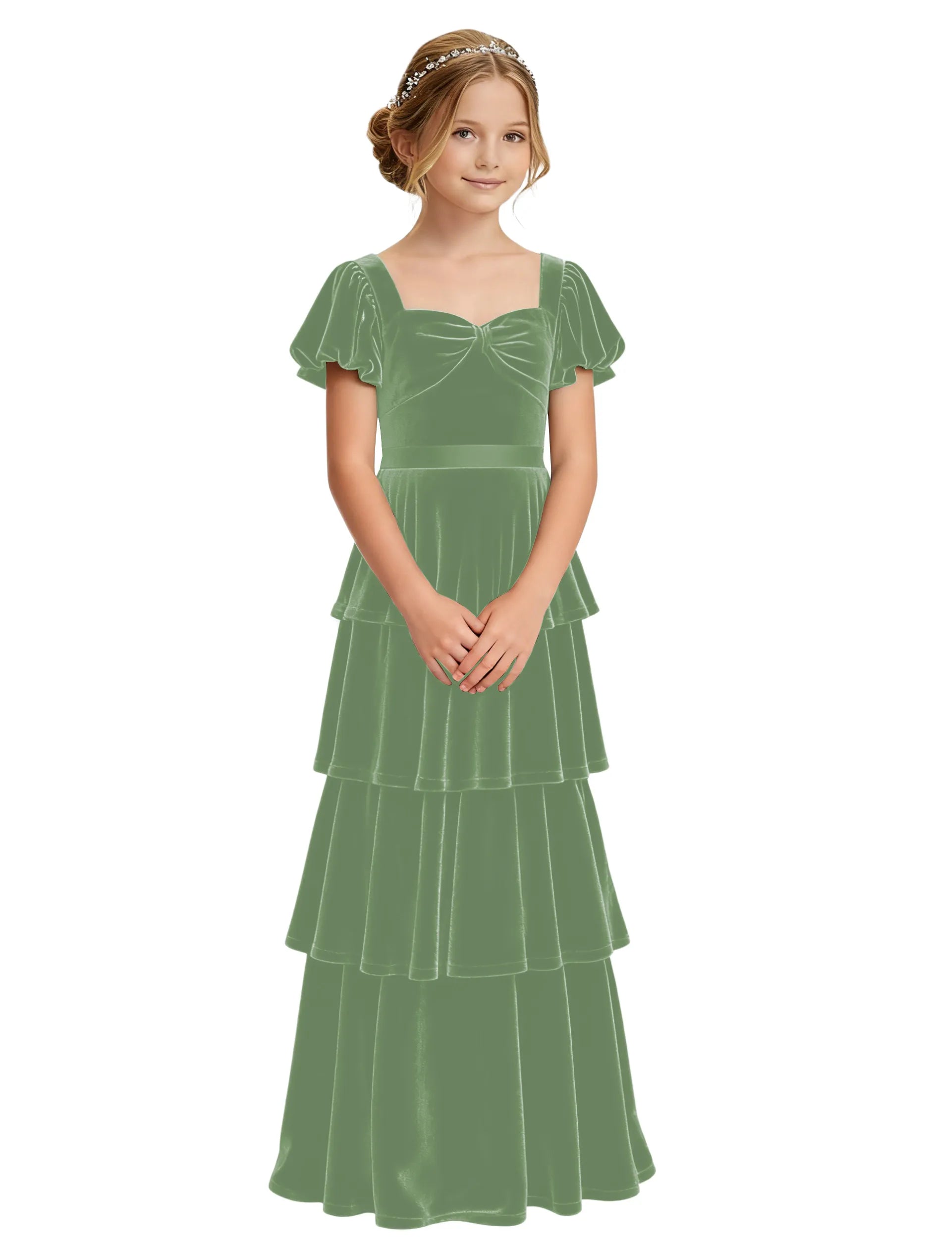 Dideyttawl Burgundy Velvet Girls Formal Dress Puff Sleeve Tiered Ruffle Formal Dress