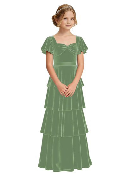 Dideyttawl Burgundy Velvet Junior Bridesmaid Dress Puff Sleeve Tiered Ruffle Formal Dress