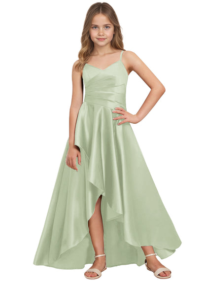 dideyttawl High Low Junior Bridesmaid Dress V-Neck Silk Satin Flower Girl Dress Sleeveless Formal Special Occasion Dress for Wedding 2523
