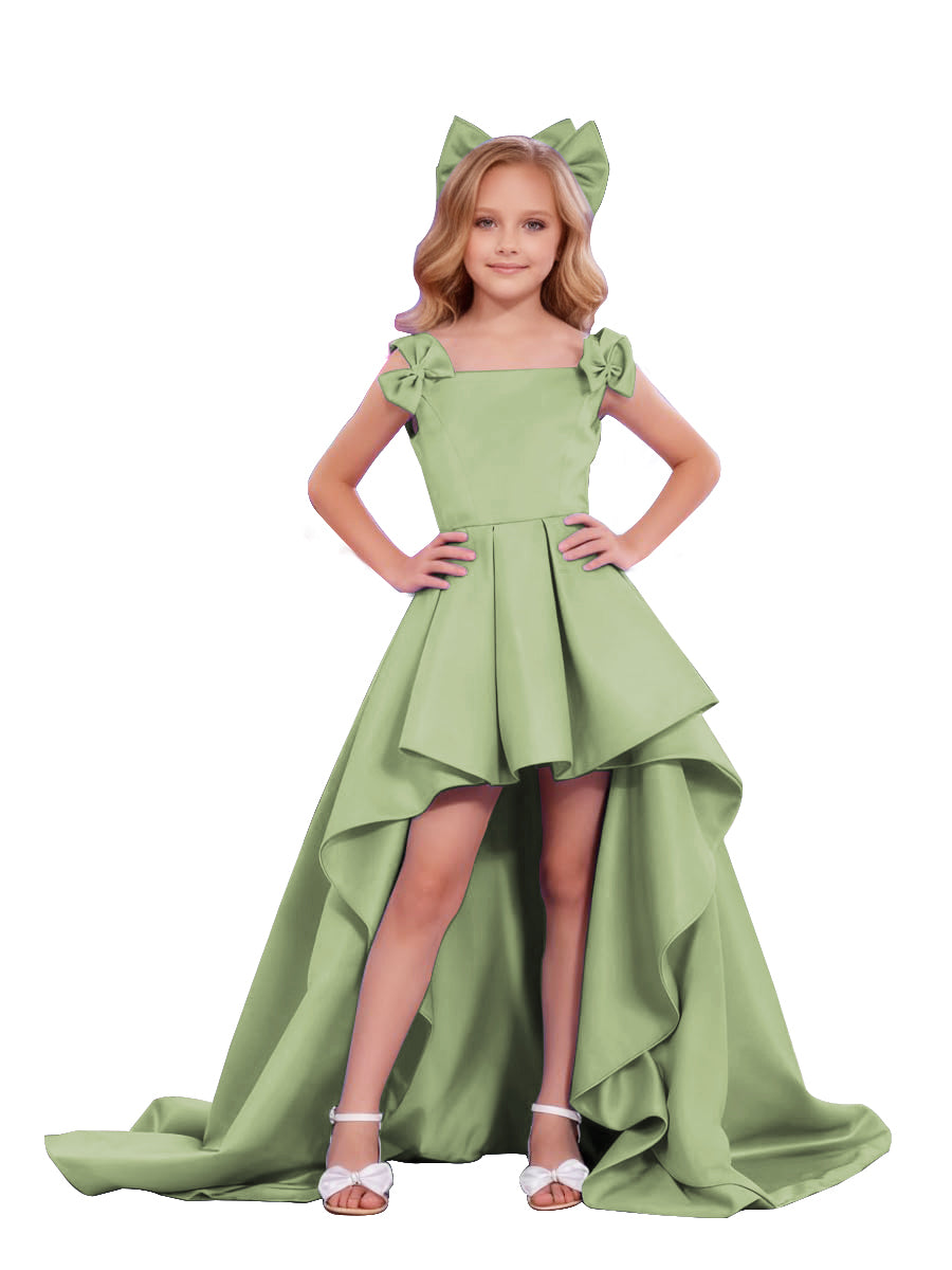 dideyttawl High-Low Junior Bridesmaid Dresses for Girls Pleated Satin A-Line Bow Straps Pageant Formal Party Dress 2536