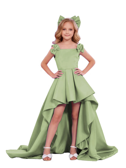 dideyttawl High-Low Junior Bridesmaid Dresses for Girls Pleated Satin A-Line Bow Straps Pageant Formal Party Dress 2536