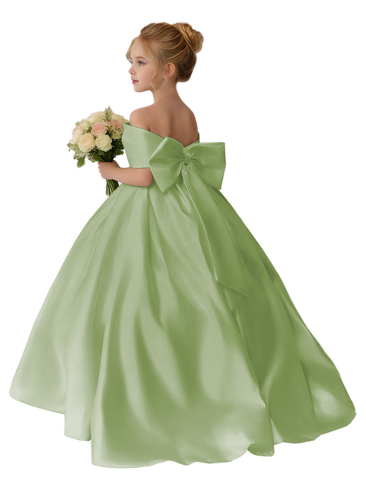 dideyttawl 2026 Flower Girl Dress Satin A Line Off Shoulder Long Prom Ball Gown with Big Bow Jr Bridesmaid Dress 2559
