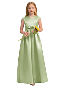 Dideyttawl White Junior Bridesmaid Dress Cap Sleeve Satin Ball Gown