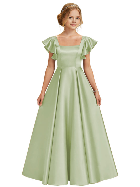 Dideyttawl Girls Satin Prom Ball Gown Princess Dress Maxi Ruffle Sleeve Junior Bridesmaid Flower Girl Dresses 2546