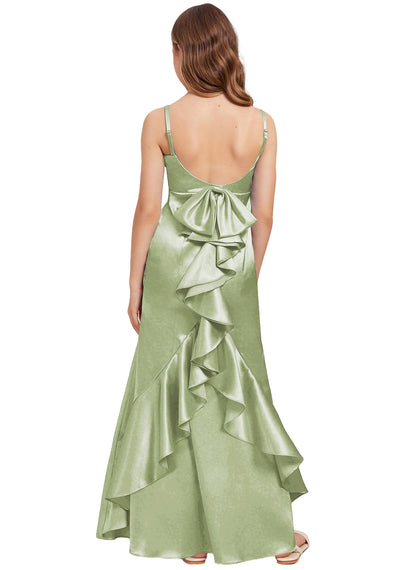 dideyttawl Mermaid Junior Bridesmaid Dress with Slit V-Neck Ruffles Bow Stretch Satin Flower Girl Dress Sleeveless Formal Special Occasion Dress for Wedding 2522