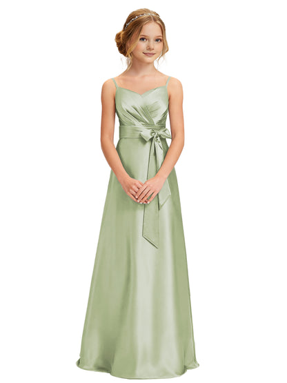 dideyttawl 2026 Girls Pleated Satin Prom Dress Bow Belt Ball Gown Maxi Spaghetti Straps Junior Bridesmaid Dress 2547