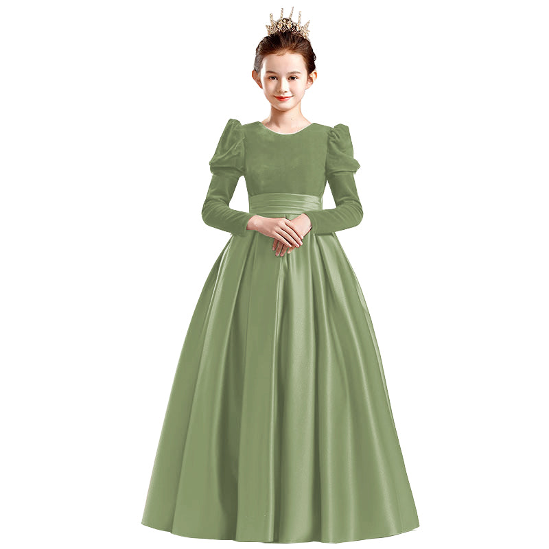 Dideyttawl Velvet Girls Formal Dress Long Sleeves Satin Flower Girl Dress 2541