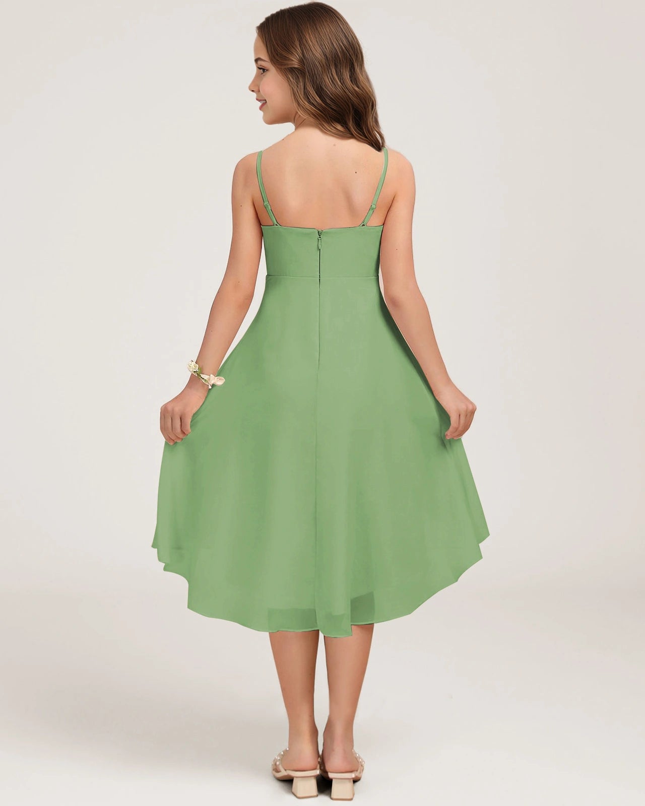 Back Sage Green Chiffon Junior Bridesmaid Dress