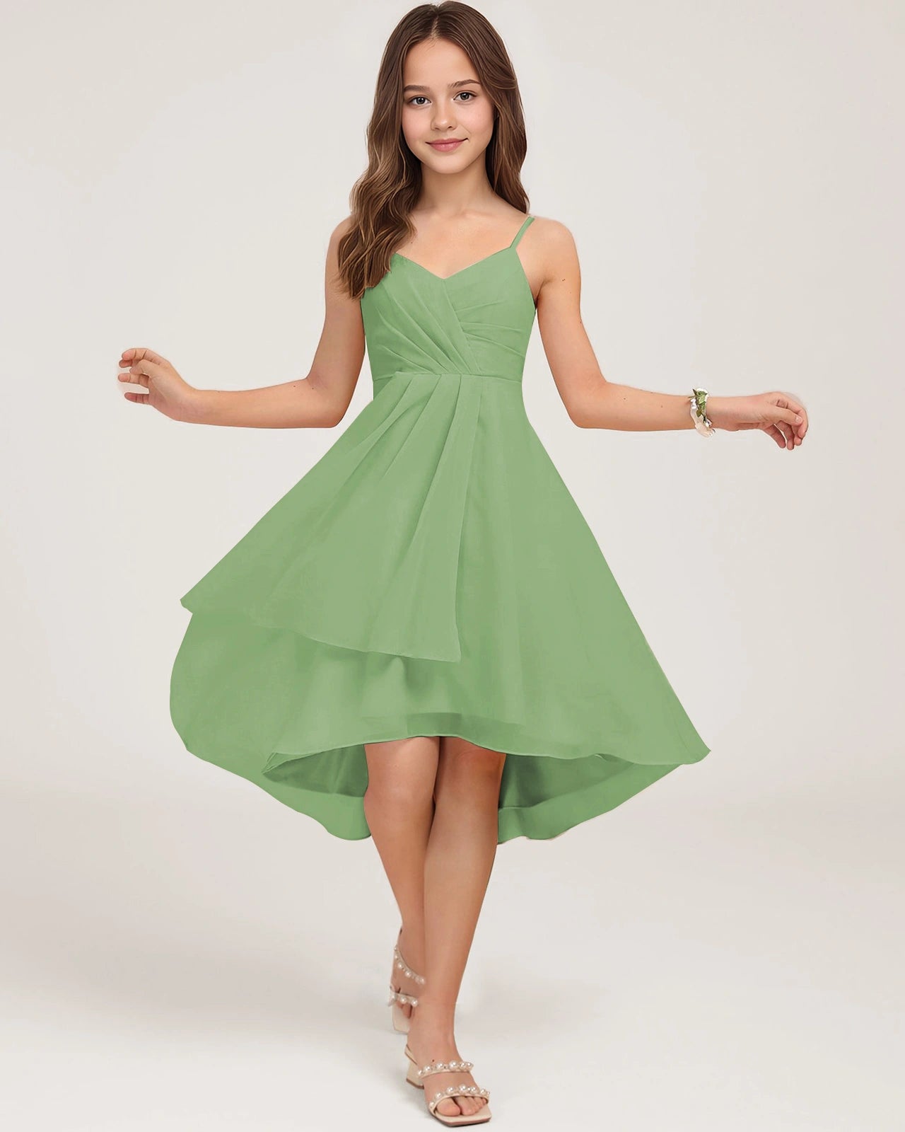 sage green junior bridesmaid dresses Wedtrend Women Dusty Chiffon Round Neck Dress With Cascading Ruffles Wedding Guest Dress, Dusty Sage / J6 selling Kira bridesmaids gown Chiffon Junior Bridesmaid Dresses Knee