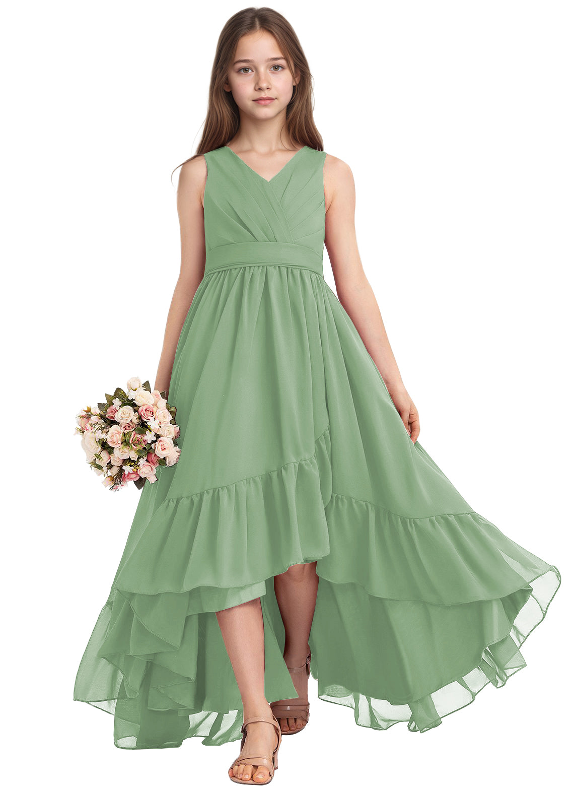 dideyttawl A-Line High Low Flower Girls Dress Long V-Neck Junior Bridesmaid Dresses for Teens Pleated Chiffon 2511