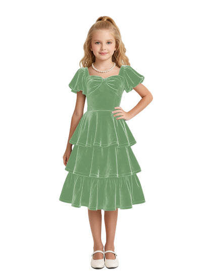 dideyttawl Girls Pleated Velvet Knee Length Junior Bridesmaid Dress with Short Lantern Sleeves 2543