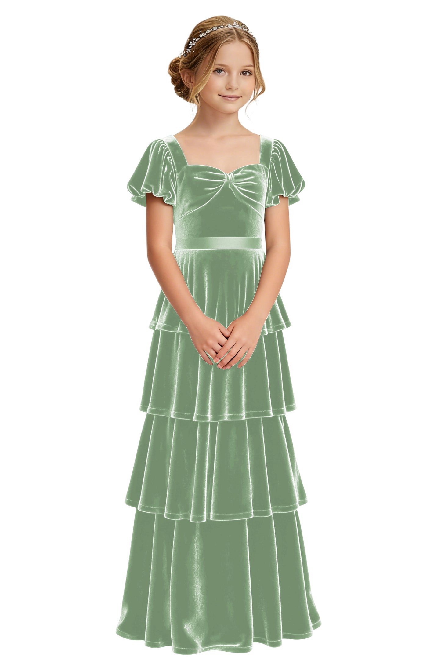 dideyttawl Girls Pleated Velvet Short Lantern Sleeves Long Junior Bridesmaid Dress 2542