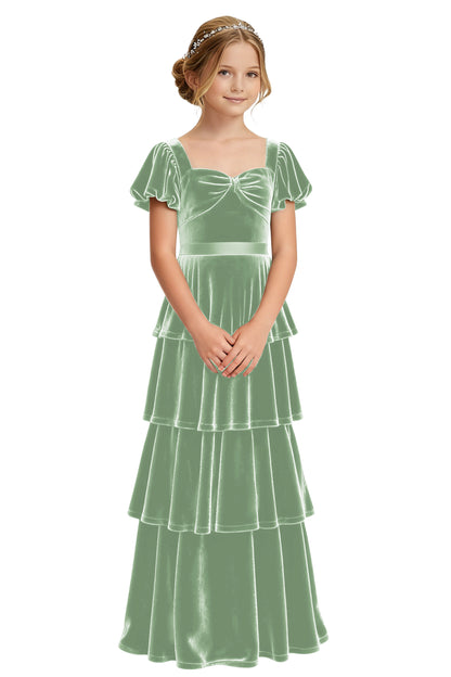 dideyttawl Girls Pleated Velvet Short Lantern Sleeves Long Junior Bridesmaid Dress 2542