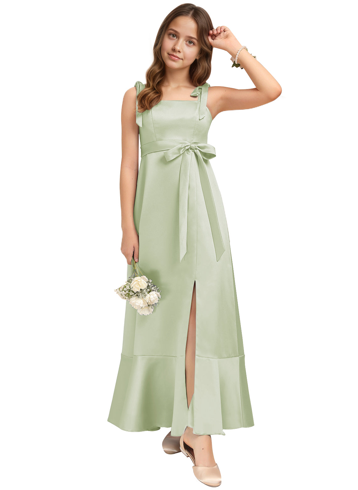dideyttawl Junior Bridesmaid Dresses for Teens Silk Satin Adjustable Straps Flower Girl Dress with Slit 2529