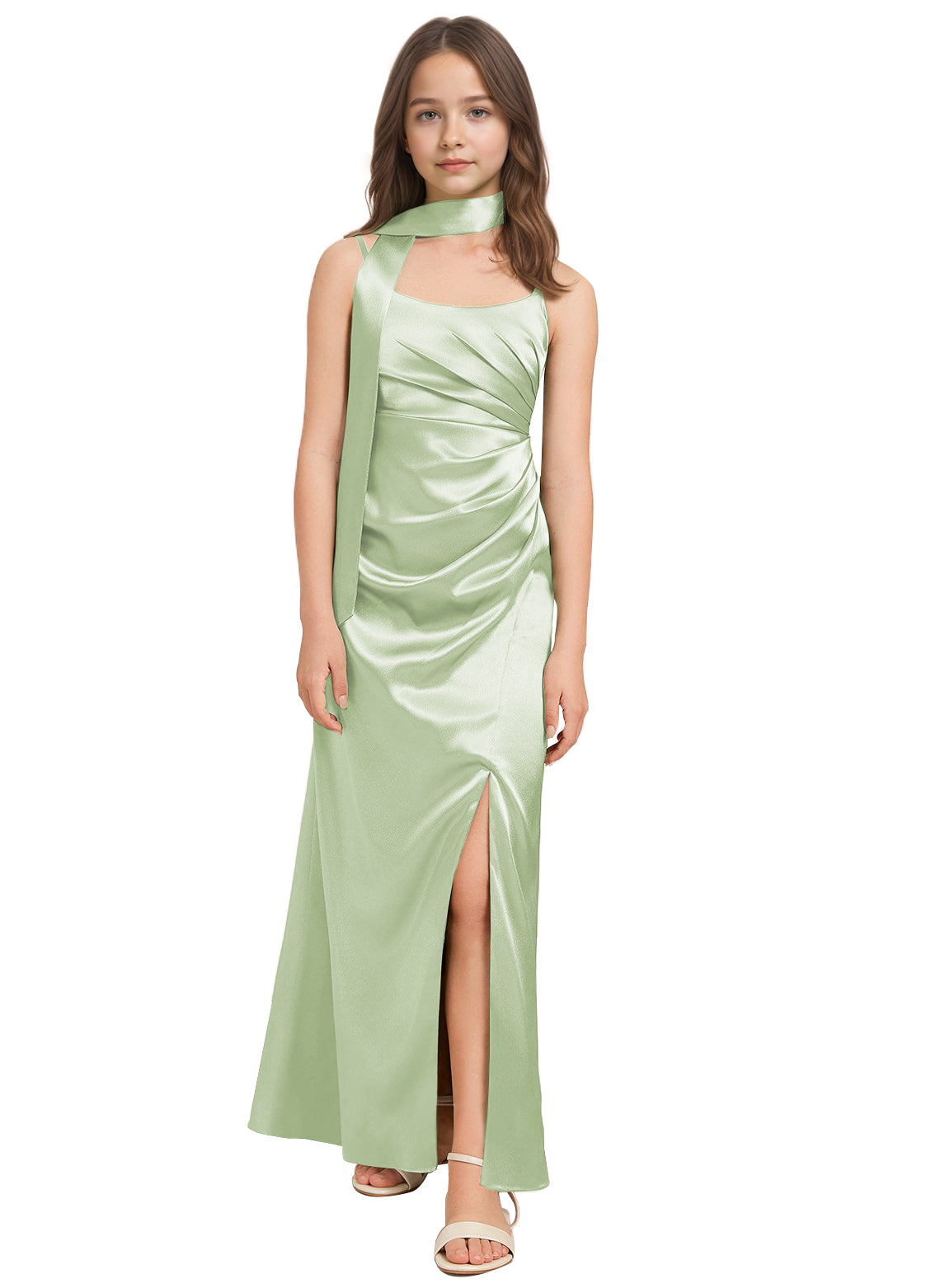 dideyttawl Satin Junior Bridesmaid Dress with Scarf for Girls 4-16 Silk Flower Girl Dress 2527