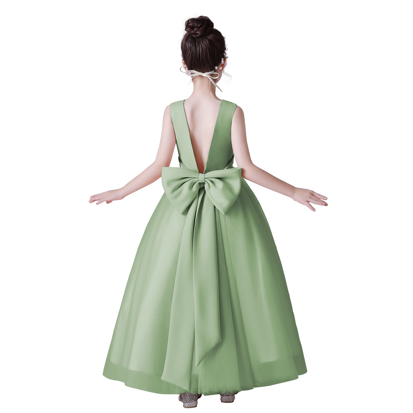 Dideyttawl Big Bow V-Back Satin Tulle Flower Girl Dress with Pearls Puffy Princess Ball Gown