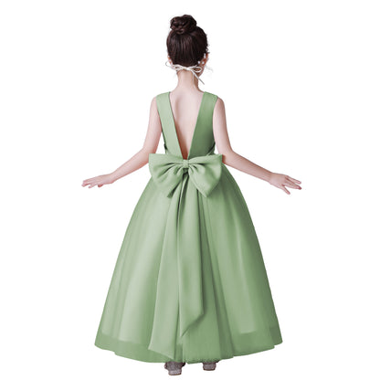 Dideyttawl Big Bow V-Back Satin Tulle Flower Girl Dress with Pearls Puffy Princess Ball Gown