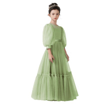 Dideyttawl Girls Dusty Blue Princess Dress Long Sleeve Tulle Ball Gown for Wedding Party