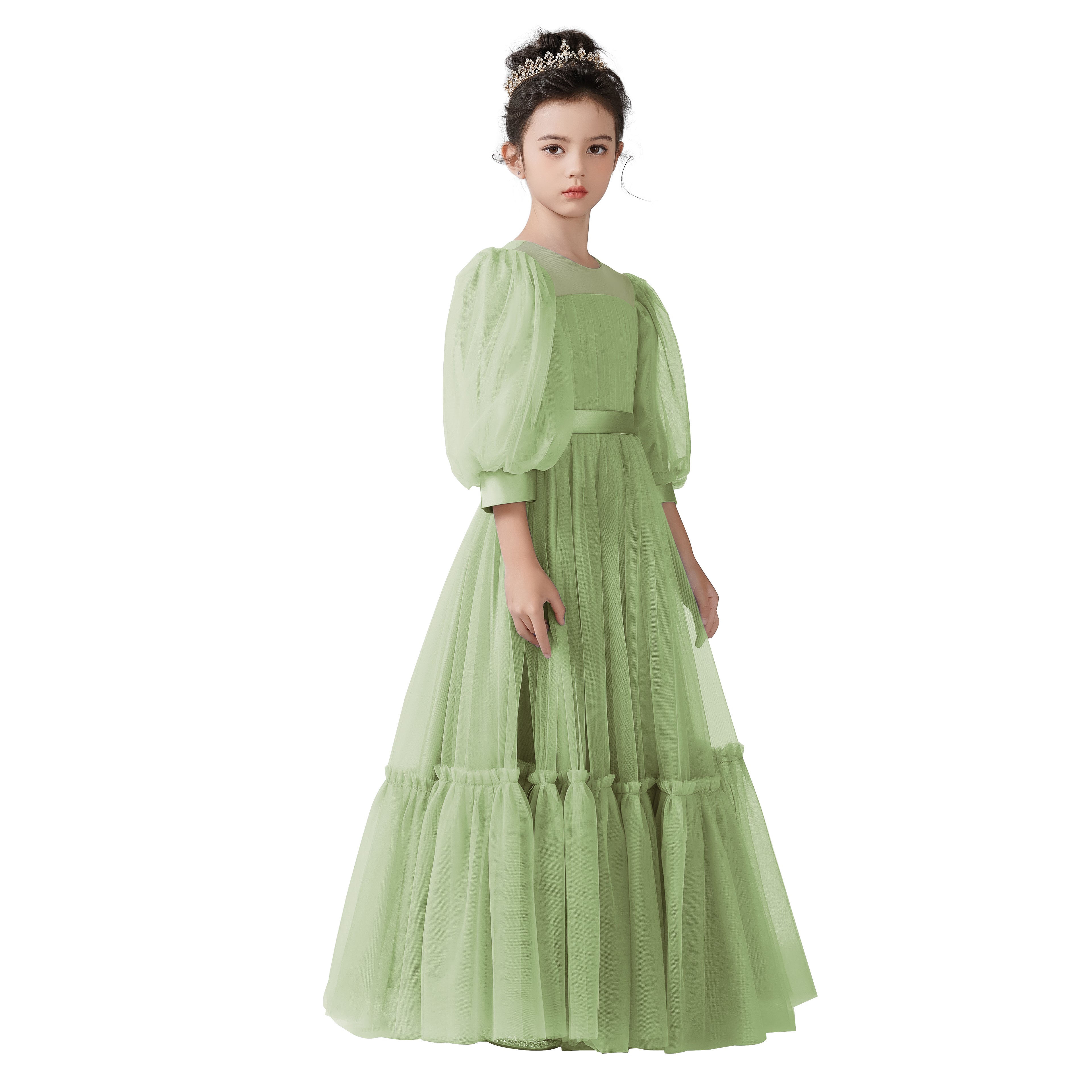 Dideyttawl Girls Dusty Blue Princess Dress Long Sleeve Tulle Ball Gown for Wedding Party