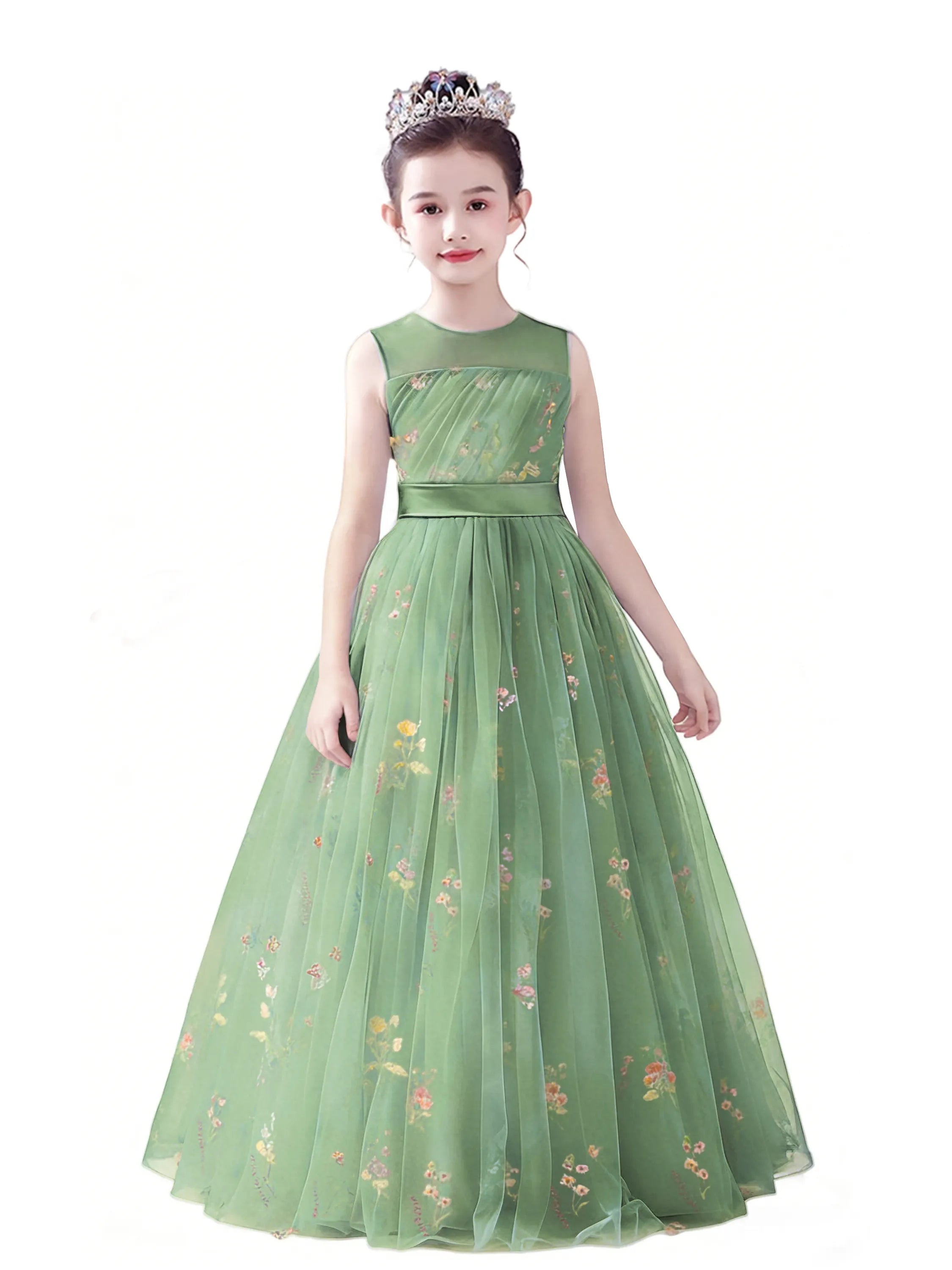 dideyttawl  Floral Tulle Girls Formal Dress Sleeveless Pageant  Prom Gown 2554