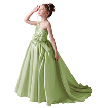 Dideyttawl Flower Girls Pageant Dresses One Shoulder Sleeveless Formal Satin Dress for Wedding Guest Princess Ball Gown Flower Belt Dress