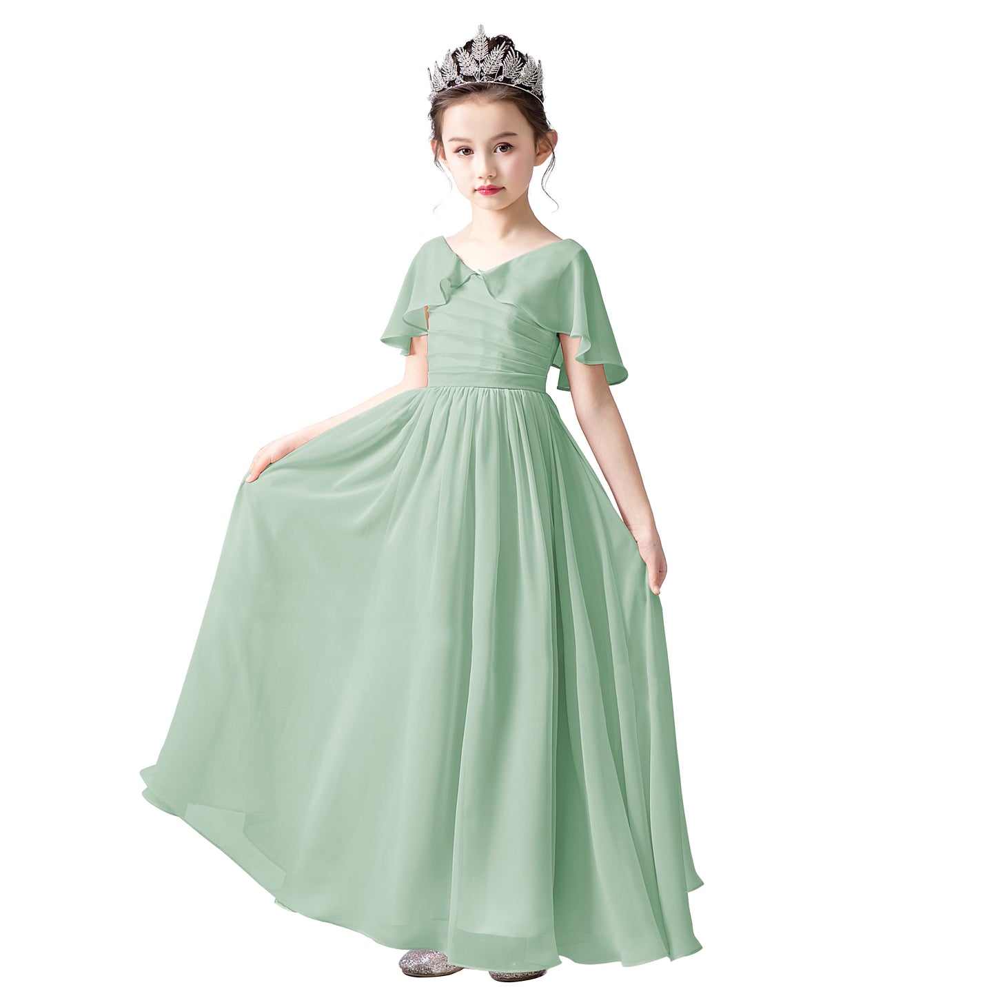 sage green junior bridesmaid dresses WEDTREND Women Long Dress Ruffled A-Line Chiffon Spaghetti Straps Wedding Guest Dress, Sage Green / J12 neck Fabric Sage Le Fleur Bridesmaid Dress