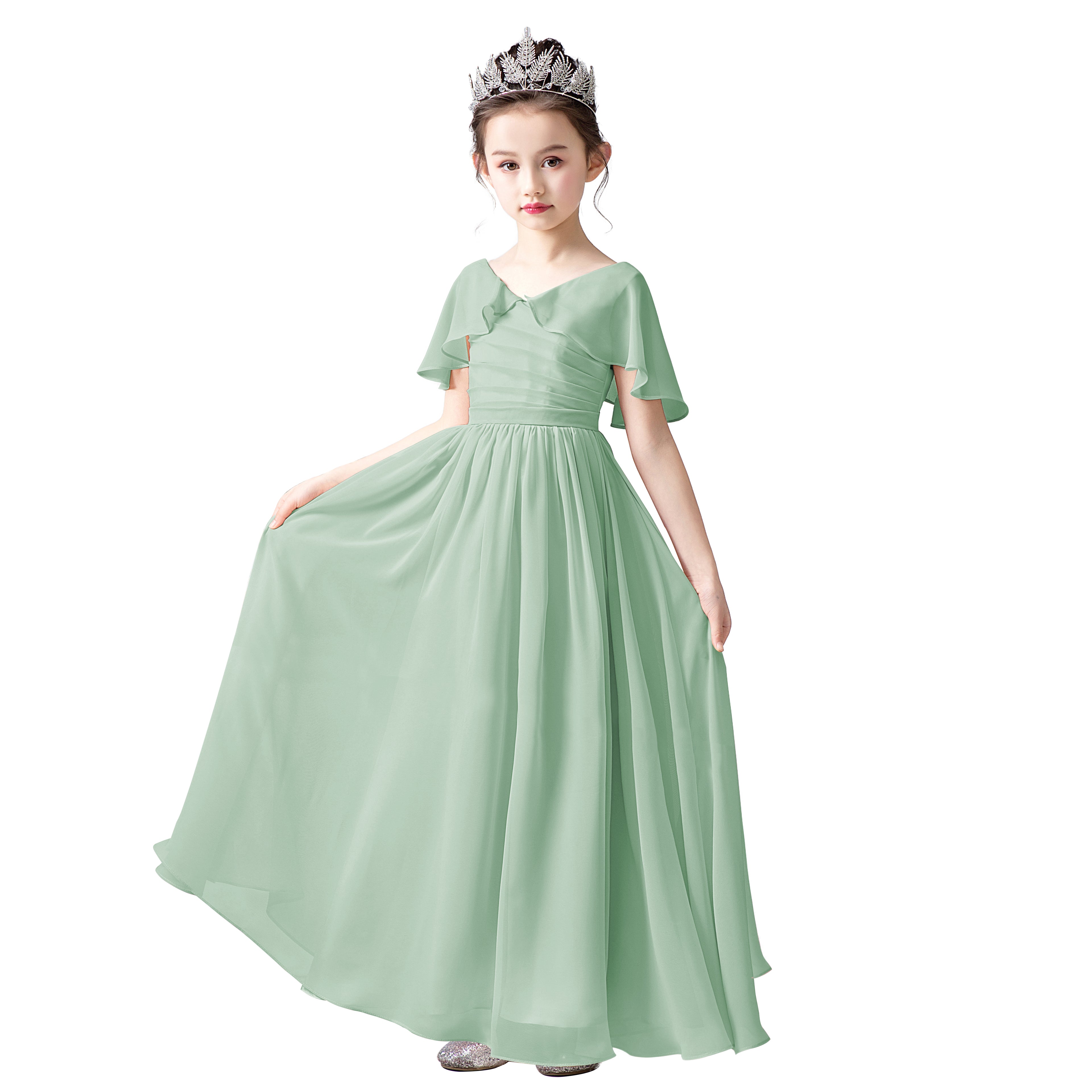 Dideyttawl Cape Sleeves Chiffon Junior Bridesmaid Dress for Wedding