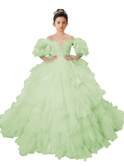 Flower Girl Dresses Lace Appliqued Puffy Sleeves Floor Length Long Train Princess Dresses